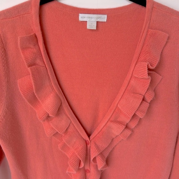 Button Front Cardigan Sweater Ruffled V-Neck 3/4 Sleeve Soft Muted Orange - Picture 3 of 5